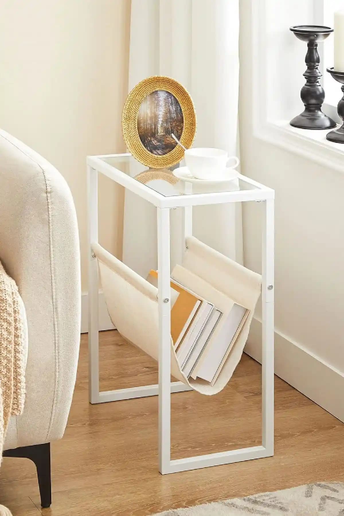 TOLIAHOME Beyaz Temperli Cam Gazetelik ve Yan Sehpa Modern ve Şık Tasarım