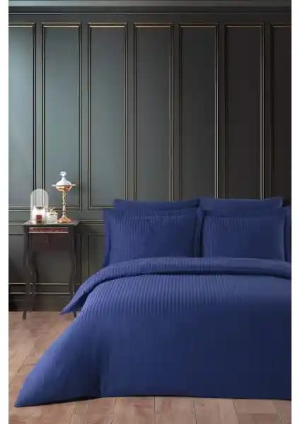 Varol Lastikli Pamuk Çizgili Çift Kişilik Nevresim Takımı Lacivert Modern Tasarım