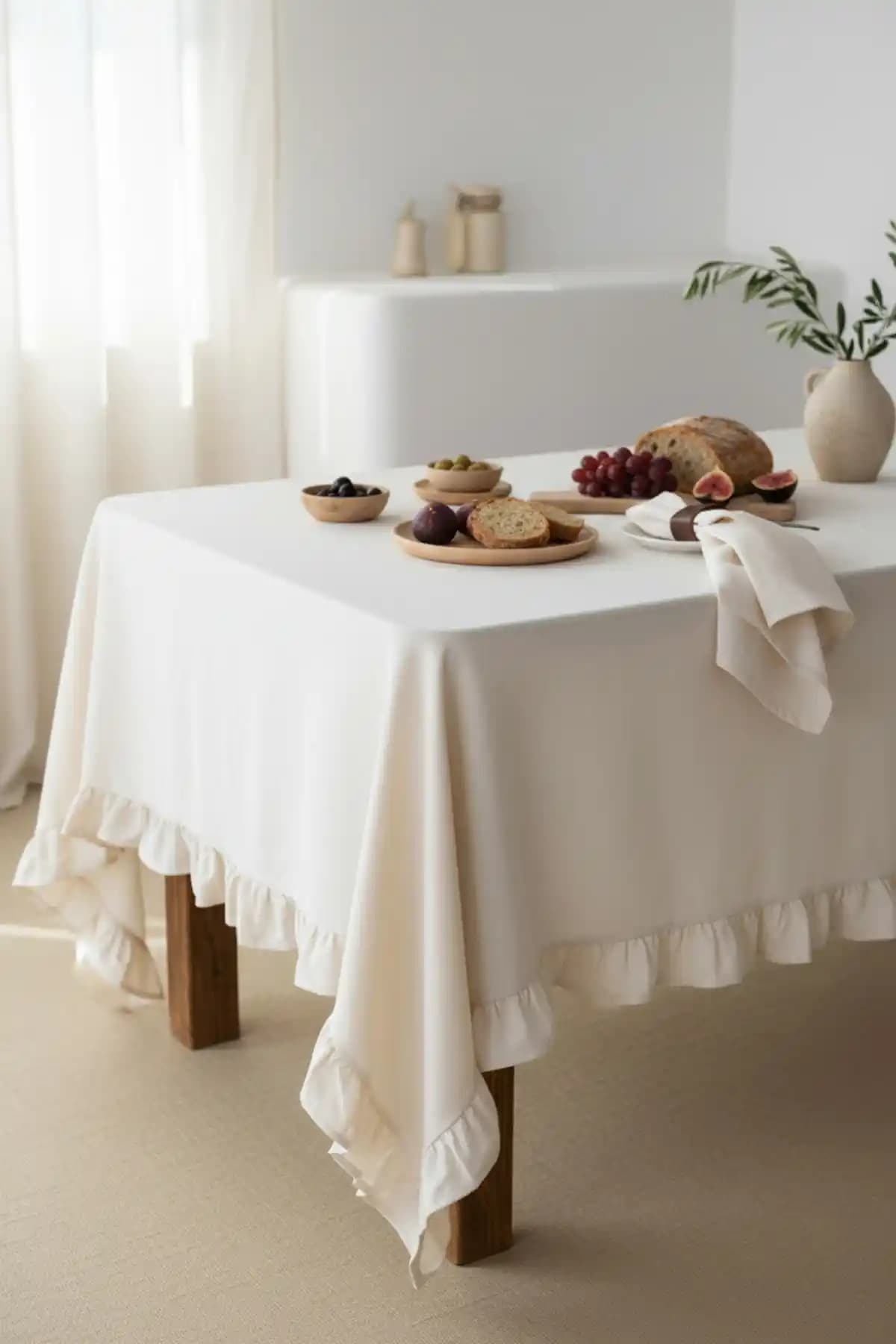 Wellstil Perla Fırfırlı Keten Bej Masa Örtüsü Şıklık ve Dayanıklılık Sunar
