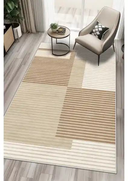 West Home Makinede Yıkanabilir Kaymaz Tabanlı Bej Çizgili Salon ve Mutfak Halısı