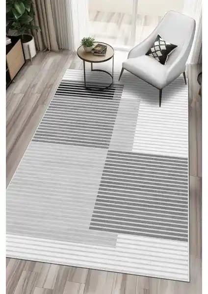 West Home Makinede Yıkanabilir Kaymaz Tabanlı Gri Çizgili Salon Halısı ve Yollukları