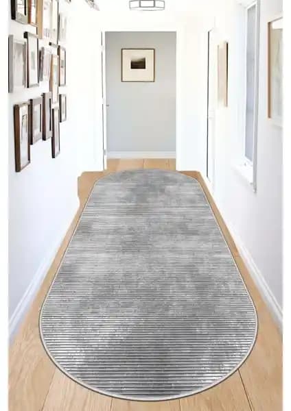 West Home Makinede Yıkanabilir Kaymaz Tabanlı Gri Oval Salon Halısı ve Yollukları