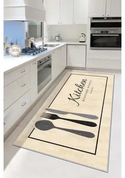 West Home Yıkanabilir Kaymaz Tabanlı Bej Mutfak Halısı: Modern ve Fonksiyonel Tasarım
