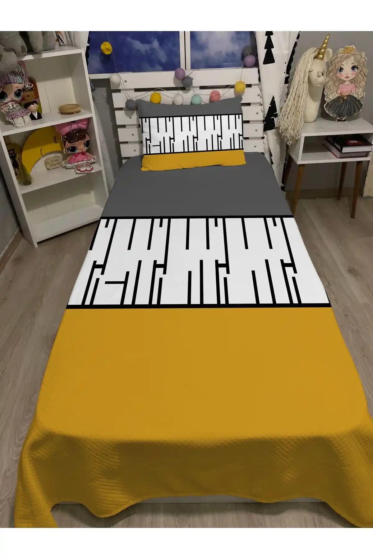 Yok Yok Evim Hardal Piyano Tek Kişilik Pike ve Yastık Kılıfı Dekoratif Tekstil Seti