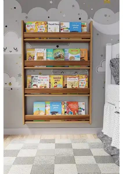 Zeo Wood Design Montessori 4 Raflı Çocuk Kitaplığı Güvenli ve Estetik Depolama Çözümü