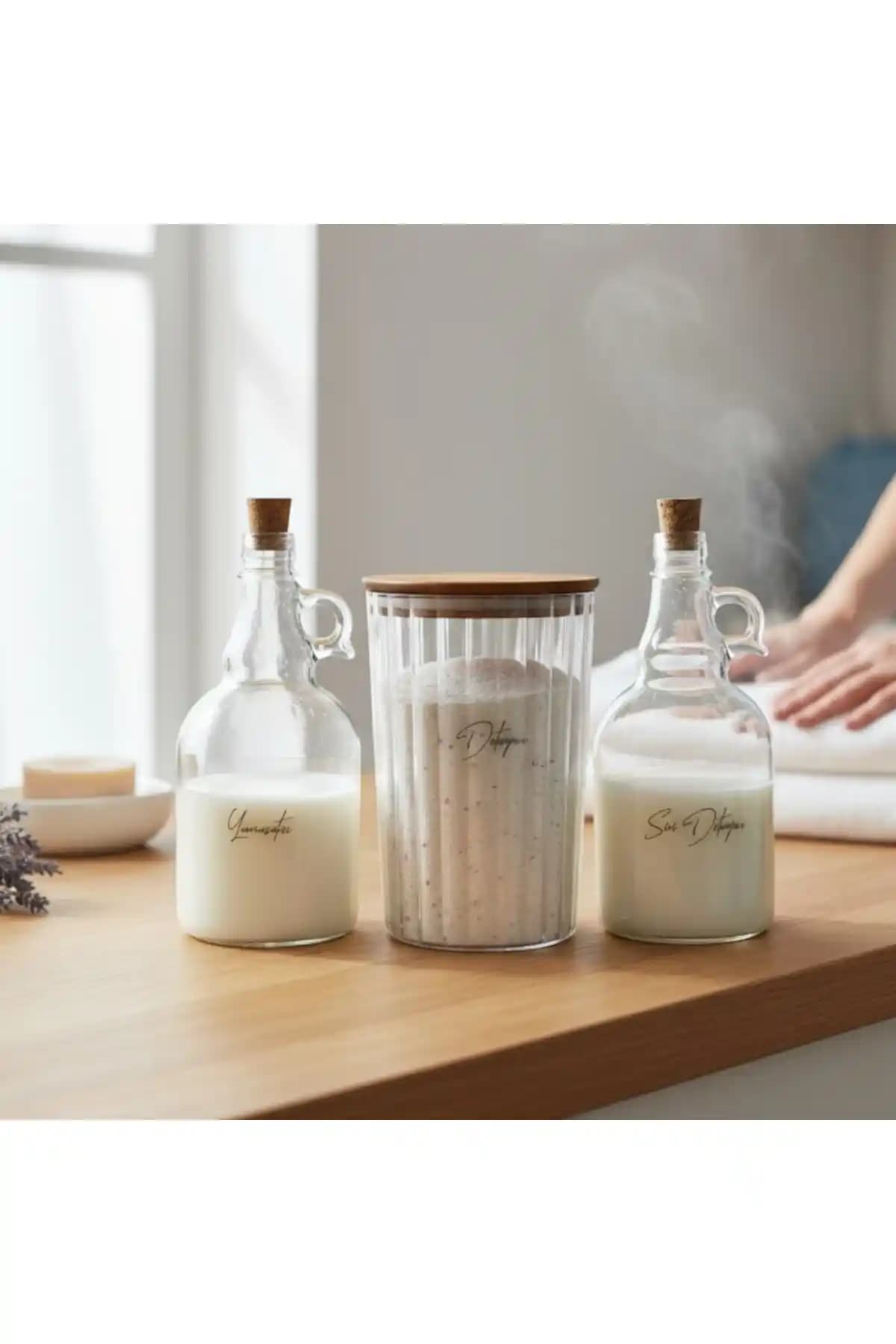 ZezeDesign Ahşap Kapaklı Çizgili Deterjan Kavanozu ve Şişe Seti Modern ve Şık Tasarım