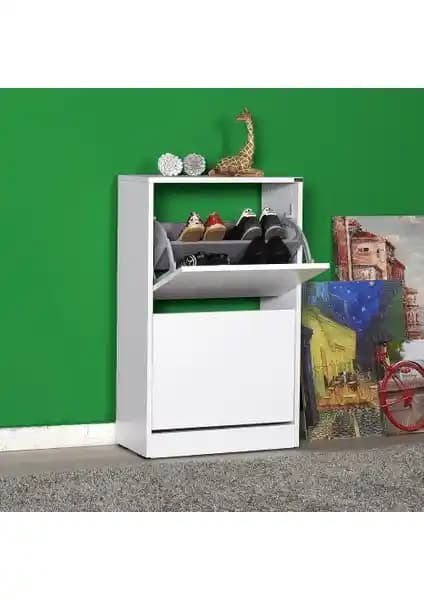 Adore Mobilya Adore Flat Duo 2 Katlı Ayakkabılık Dolabı Beyaz Modern Depolama Çözümü