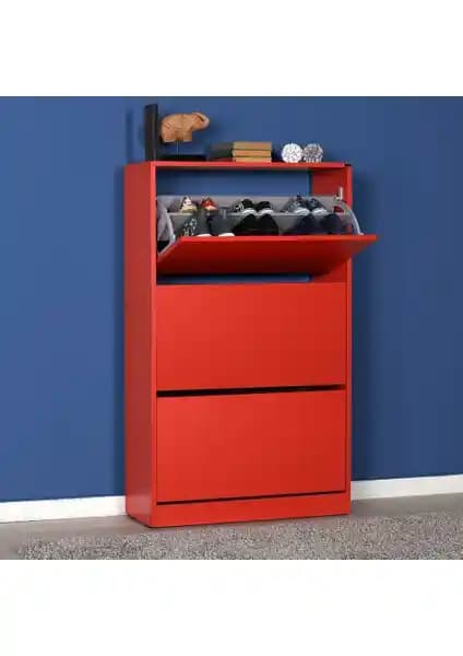Adore Mobilya Adore Flat Duo 3 Katlı Geniş Ayakkabılık Dolabı Kırmızı Renkli Modern Tasarım