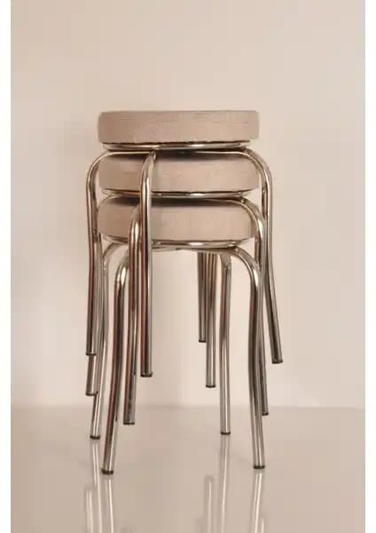 Akk Ticaret 3'lü Krem Renkli Kumaş ve Nikelaj Detaylı Demir Mutfak Taburesi Seti