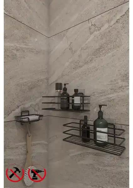 Alper Siyah Yapışkanlı Banyo Rafı ve Sabunluk Seti ile Şık ve Pratik Düzen Sağlama