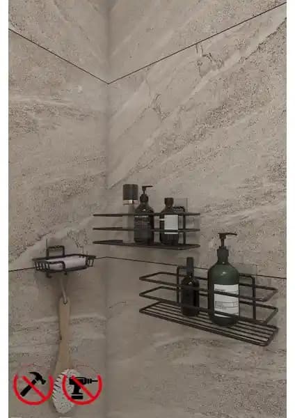 Alper Siyah Yapışkanlı Banyo Rafı ve Sabunluk Seti ile Şık ve Pratik Düzen Sağlama