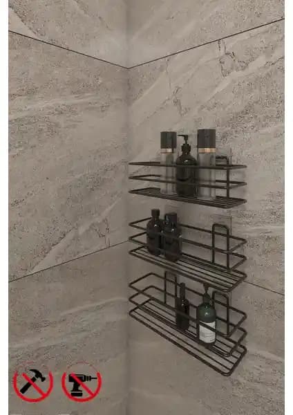 Alper Siyah Yapışkanlı Banyo ve Mutfak Rafı Modern ve Dayanıklı Tasarım