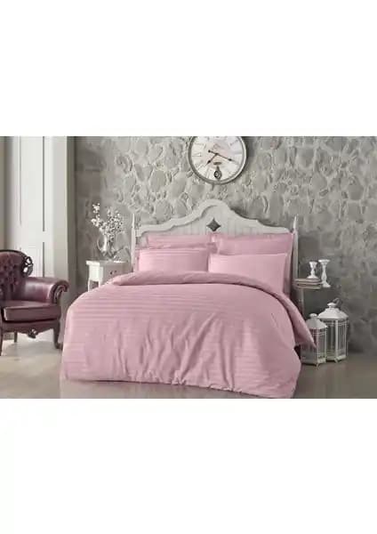 Altınbaşak %100 Pamuk Saten Çizgili Nevresim Takımı Pudra Rengi Modern Tasarım