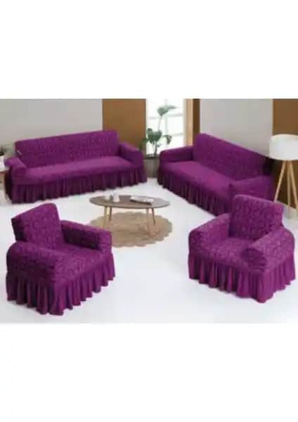 Arlisa 3+3+1+1 Jakarlı Mürdüm Koltuk Örtüsü Takımı Modern ve Şık Tasarım