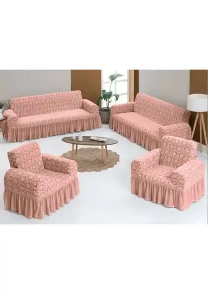 Arlisa Arısoy 3+3+1+1 Jakarlı Koltuk Örtüsü Takımı Kahverengi Modern Tasarım