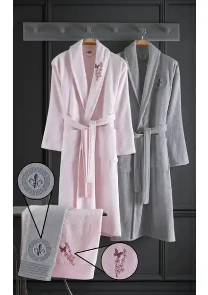 Binnur Home Alya Pembe ve Gri Nakışlı Pamuk Bornoz Seti Konfor ve Şıklık Bir Arada