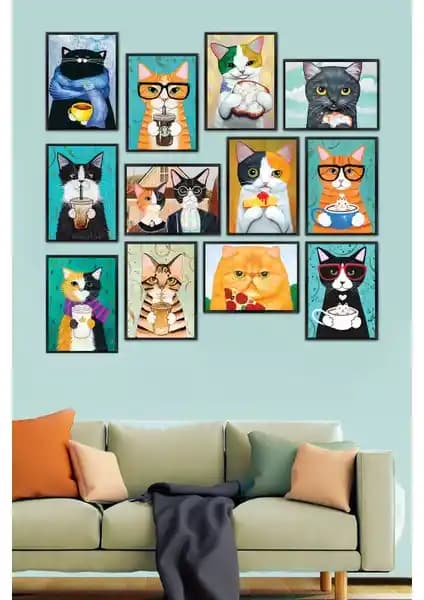 Biz Dijital 12 Parça MDF Çerçeve Görüntülü Kedili Tablo Seti Modern ve Şık Dekorasyon İçin Ideal