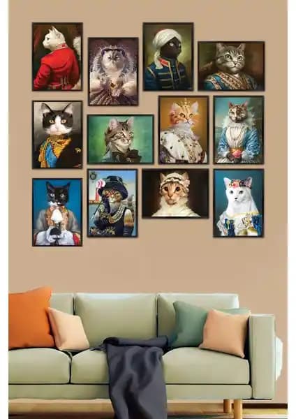 Biz Dijital 12 Parça MDF Kedi Portreleri Tablo Seti Modern Ev Dekorasyonu İçin