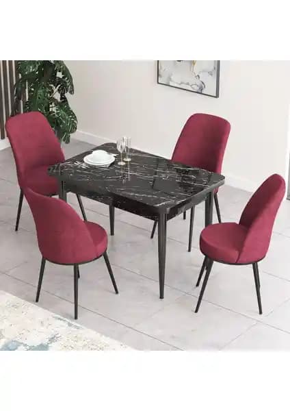 Canisa Concept Nil Serisi Siyah Mermer Desenli Modern Yemek Masası ve Sandalye Takımı