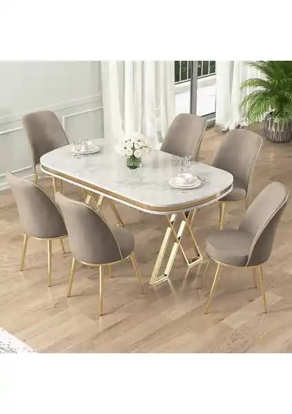 Canisa Lai Serisi 90x168 cm Modern Beyaz Mermer Desen Lak Panel Masa Takımı