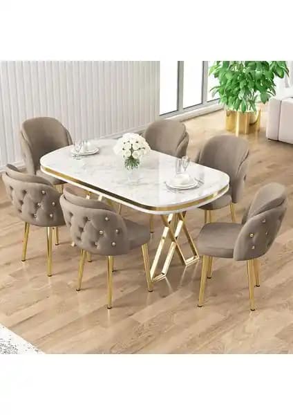 Canisa Zae Serisi 90x168 cm Modern Beyaz Mermer Desen Lak Panel Masa Takımı