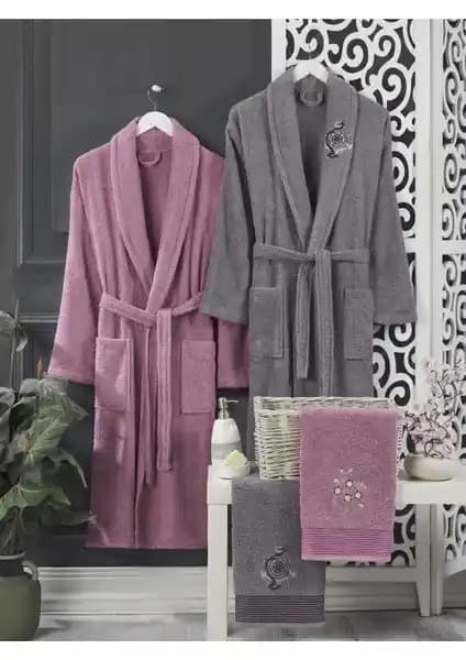 Casnack Mürdüm Antrasit Havlulu Bornoz Seti 4'lü Şık ve Yumuşak Pamuklu Tasarım