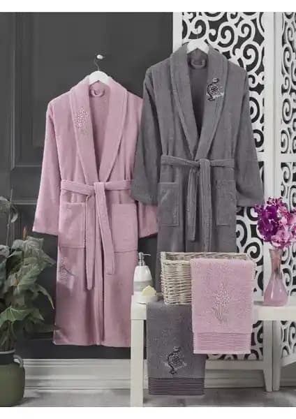 Casnack Pudra Antrasit Havlulu Bornoz Seti 4'lü - Yüksek Kaliteli Pamuk ve Konfor