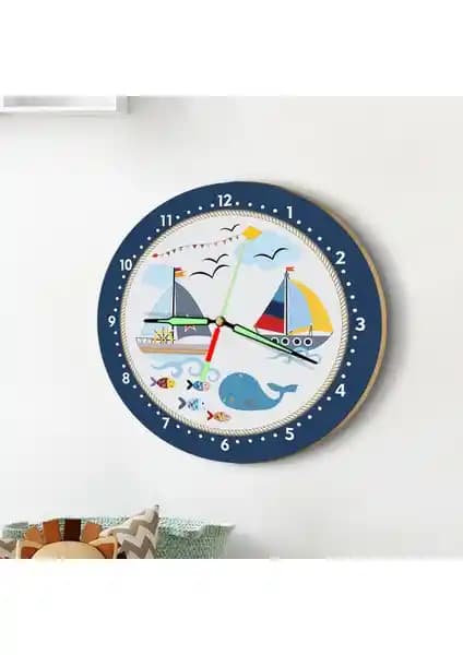 Çocuk Odası İçin Fosforlu Denizci Temalı Gece Parlayan Duvar Saati Türkiye Üretimi