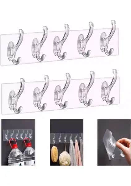Çok Fonksiyonlu ve Şık Duvar Askısı: Bibizde 2 Adet 5 Kancalı Yapışkanlı Şeffaf Askı