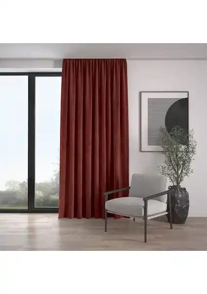 Demor Home Kadife Dokulu Ekstrafor Büzgülü Kiremit Rengi Fon Perde Yüksek Kalite