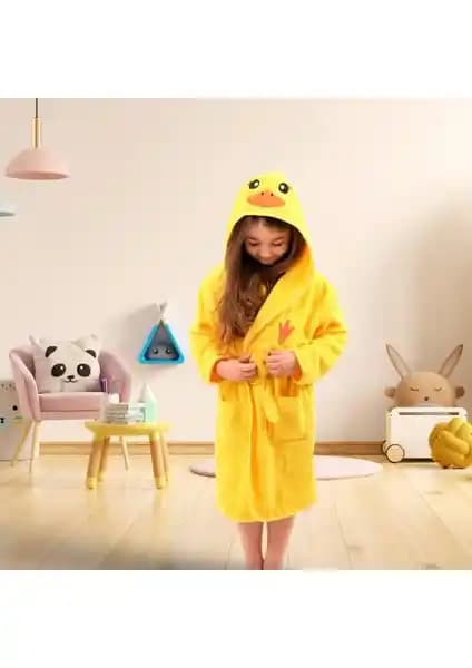 Dm Home Koleksiyon Çocuk Kulaklı Ördek Nakışlı Kapüşonlu Bornozu Yüksek Kalite ve Konfor