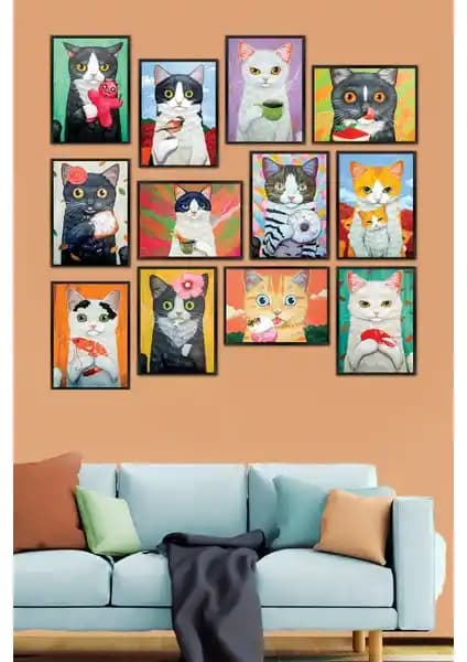 Düzenli ve Şık Ev Dekorasyonu İçin 12 Parçalık Kedi Temalı MDF Tablo Seti