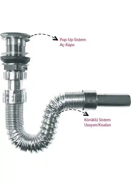Emin Aksesuar Pop-Up Körüklü Lavabo Gider Sifonu Krom Dayanıklı ve Pratik Kullanım