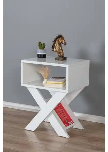 Enda Home X Ayaklı Dergilikli Başucu Komodin Yan Sehpa Beyaz Modern ve Çok Yönlü Tasarım