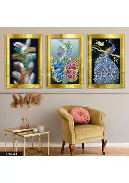 Ev Dekorasyonunu Geliştiren Şık ve Dayanıklı Kuş Tüy Kelebek Gold 3 Parça Pleksi Aynalı Tablo