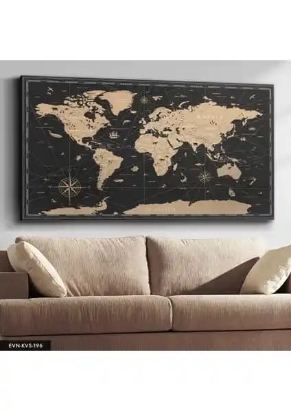 Evine Şıklık Katacak Vintage Dünya Haritası Kanvas Tablo 65x120 cm Modern Dekorasyon İçin