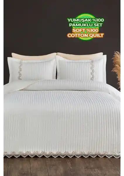 Evlen Home Collection Kapitone Mihrimah Dantelli Çift Kişilik Yatak Örtüsü Krem Renkli