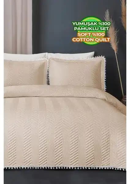 Evlen Home Collection Ponponlu Pamuk Tek Kişilik Yatak Örtüsü Açık Cappuccino