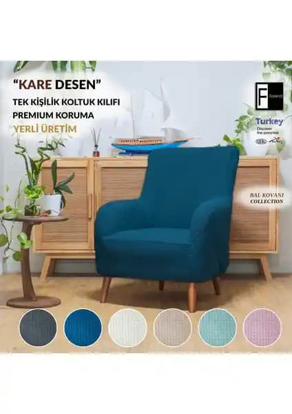 Faiend Petrol-Mavi Likrali Esnek Tek Kişilik Koltuk Örtüsü Modern ve Dayanıklı Dekorasyon Çözümü