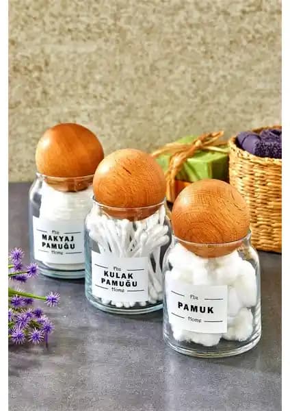 Fbz Home 3'lü Top Kapaklı Cam Kulak Pamuğu Seti ile Günlük Bakımda Şıklık ve Fonksiyonellik