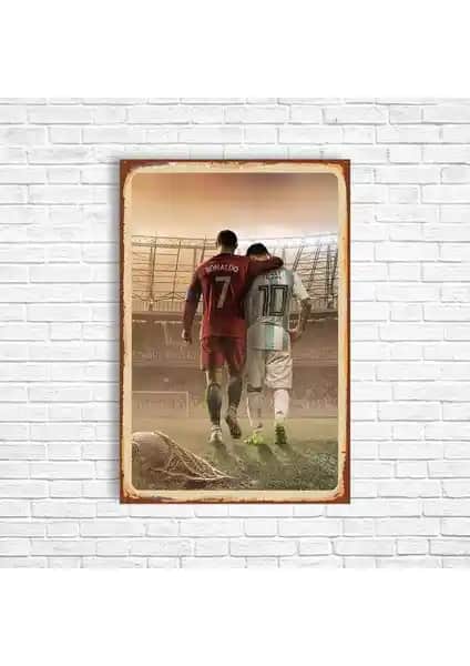 Futbol Tutkunlarına Özel Ronaldo Messi Retro Ahşap Poster Dekorasyon Parçası