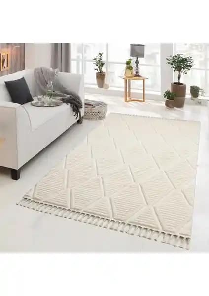 Giza Home Madu Krem Saçaklı Dokuma Halı Oturma Odası ve Salon Dekorasyonu İçin Modern Seçenek