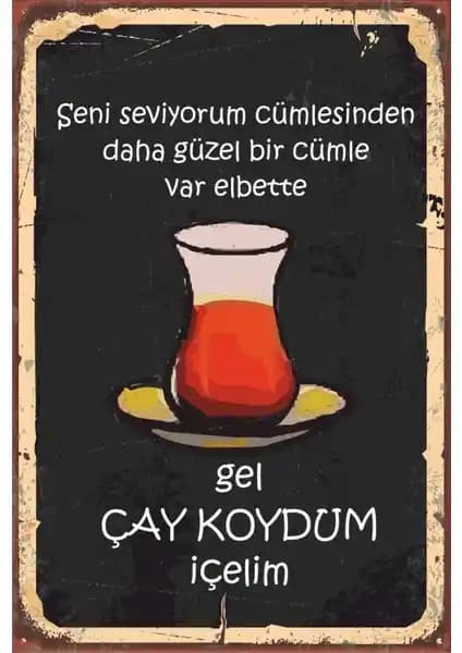 Hayat Poster Gel Çay Koydum İçelim Retro Vintage Ahşap Poster Dekoratif Tasarım