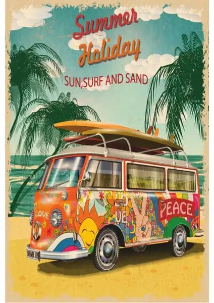Hayat Poster Yaz Tatili ve Vosvos Retro Vintage Ahşap Poster Dekorasyon Ürünü