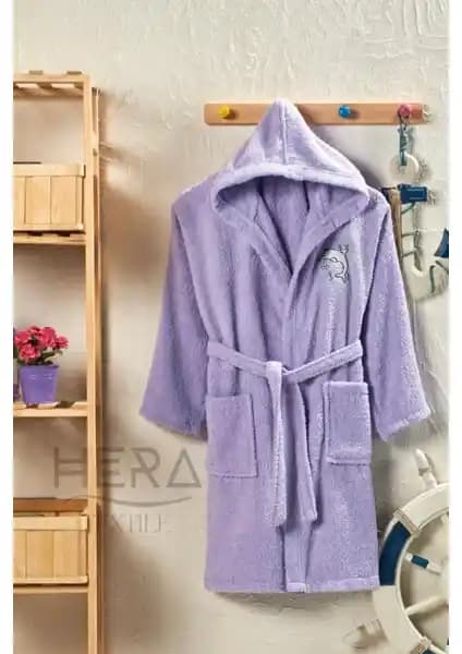 Hera Textile Unisex Pamuklu Lila Kapüşonlu ve Kemerli Genç Bornozu 75-90 Karakter