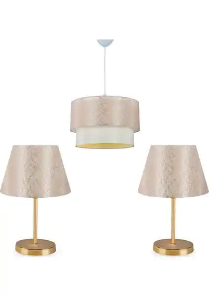Homing Şampanya Dantel Kumaş Sarkıt Avize ve Lara Gold Abajur Seti Modern İç Mekan Dekorasyonu İçin
