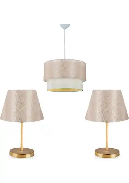 Homing Şampanya Dantel Kumaş Sarkıt Avize ve Lara Gold Abajur Seti Modern İç Mekan Dekorasyonu İçin