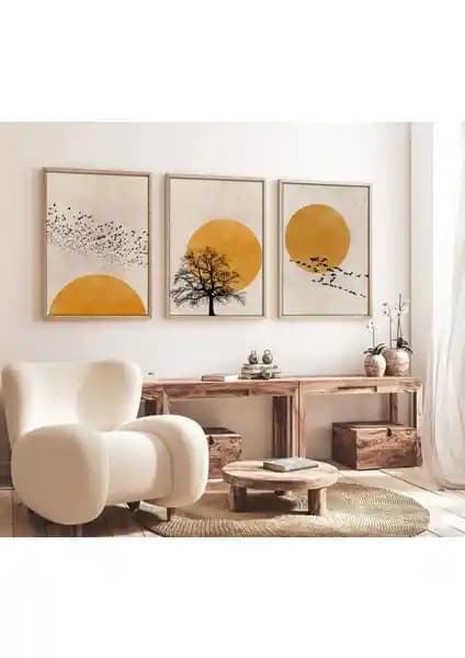 Huhuli Ahşap Çerçeveli Minimalist 3’lü Tablo Modern ve Doğal Dekorasyon İçin Uygun