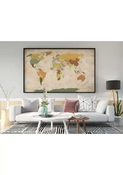 Idora Eskitme Vintage Dünya Haritası Kanvas Tablo Ev ve Ofis Dekorasyonunda Şıklık Yaratır