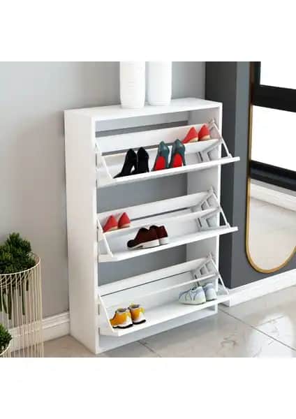 Jest Dekor Beyaz Ahşap 3 Bölmeli Kapaklı Ayakkabılık Modern ve Dayanıklı Tasarım